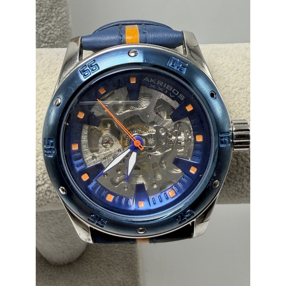 Akribos XXIV Automatic AK476BU Mens Working Skeleton Watch 48MM 8" Leather Band